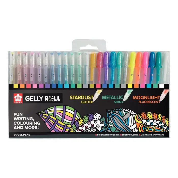 Ensemble Gel Pens Sakura Gelly Roll Stardust Glitter, Metallic Shiny, Moonlight Fluorescent 24 Pieces Sakura