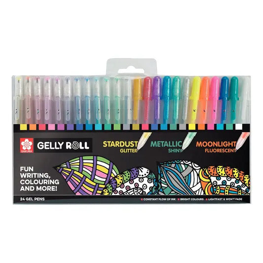 Ensemble Gel Pens Sakura Gelly Roll Stardust Glitter, Metallic Shiny, Moonlight Fluorescent 24 Pieces Sakura